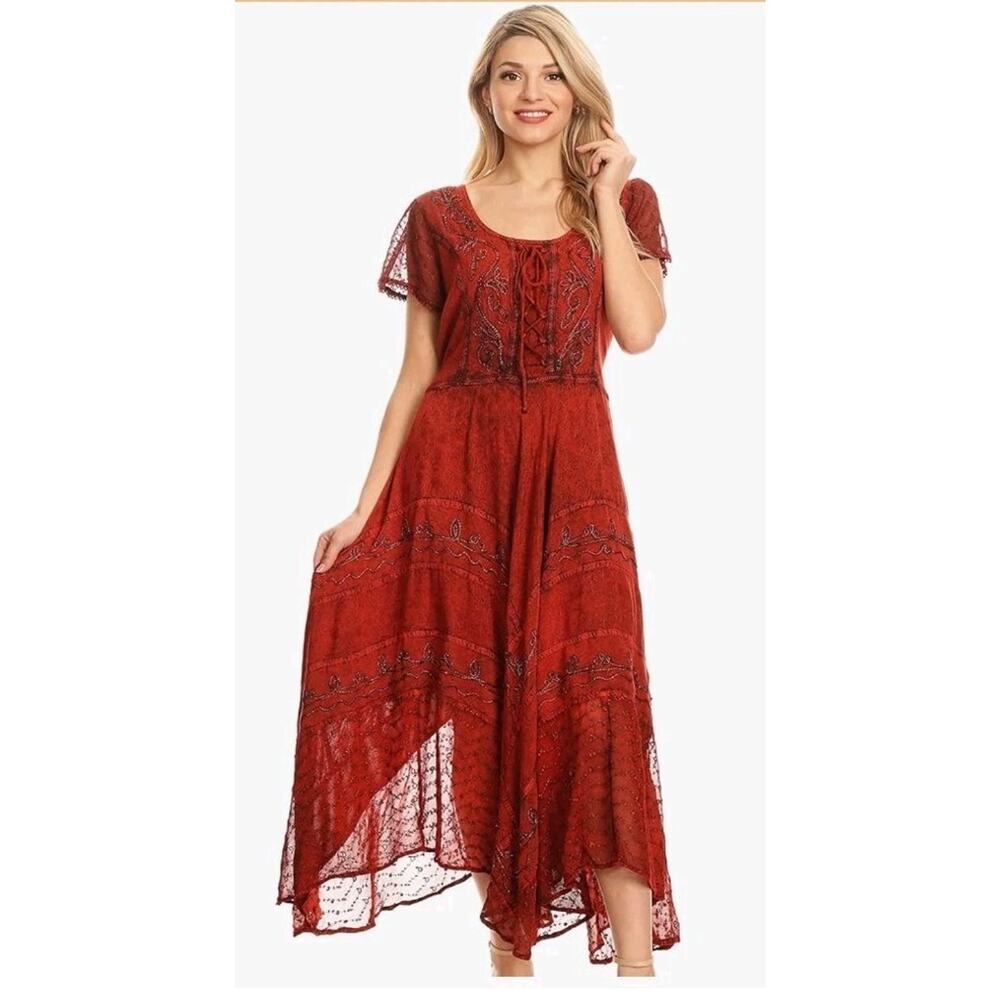 Embroidered Red Dress S/M Corset Front Renaissance Festival Milkmaid Fairy Boho
